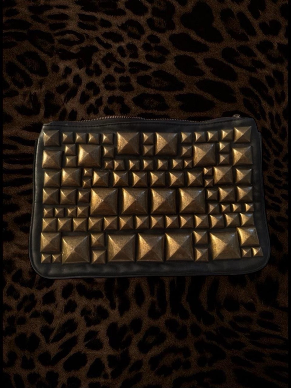 MMS gold studded black leather clutch bag